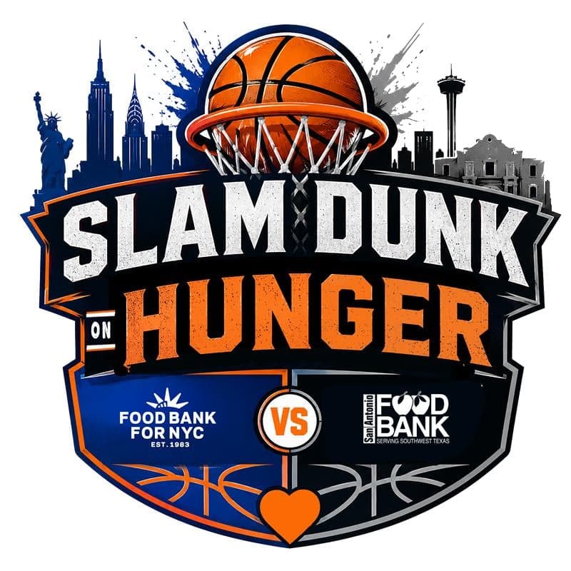 An energizing basketball shield with the corresponding Food Bank logos and skylines of New York City and San Antonio.